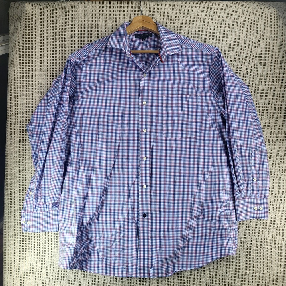 Tommy Hilfiger Shirt Mens 16.5 32-33 Blue Purple Plaid Button Up Long Sleeve